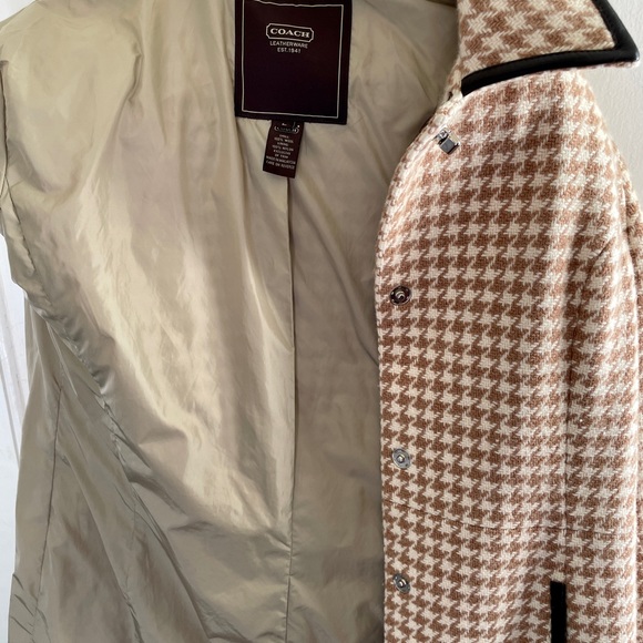 Vintage Coach Houndstooth Wool & Leather Womens Coat / Fully Lined / Large Tan - Picture 12 of 13